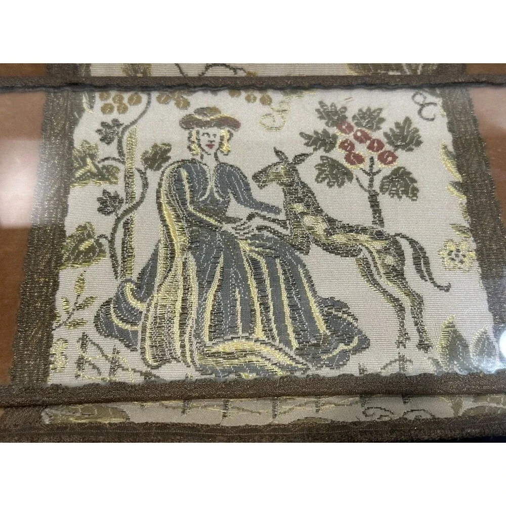 Antique Schreibmayr Wood Lace Embroided Fabric Glass Letter Trinket Jewelry Tray
